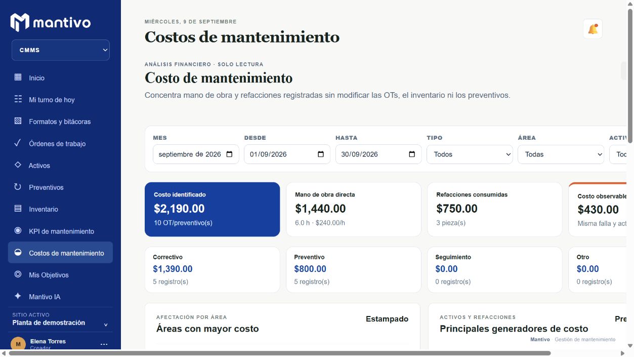 Vista de costos de mantenimiento con filtros, materiales y mano de obra.