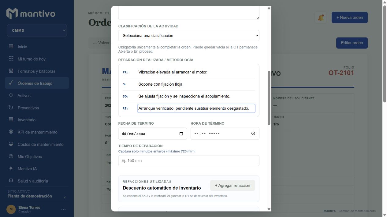 Gestión de una OT: estado, clasificación, responsables y documentación de la intervención.