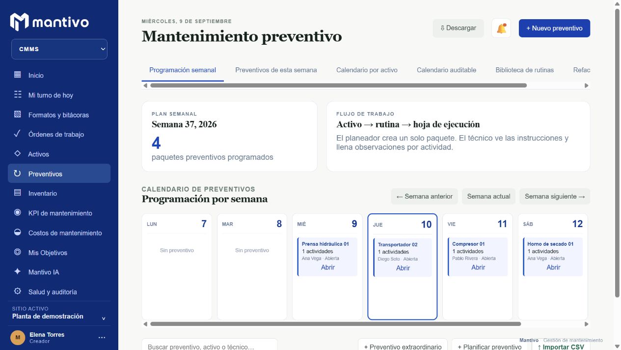 Calendario semanal con equipos, responsables y paquetes preventivos. Cada tarjeta permite abrir el trabajo programado.